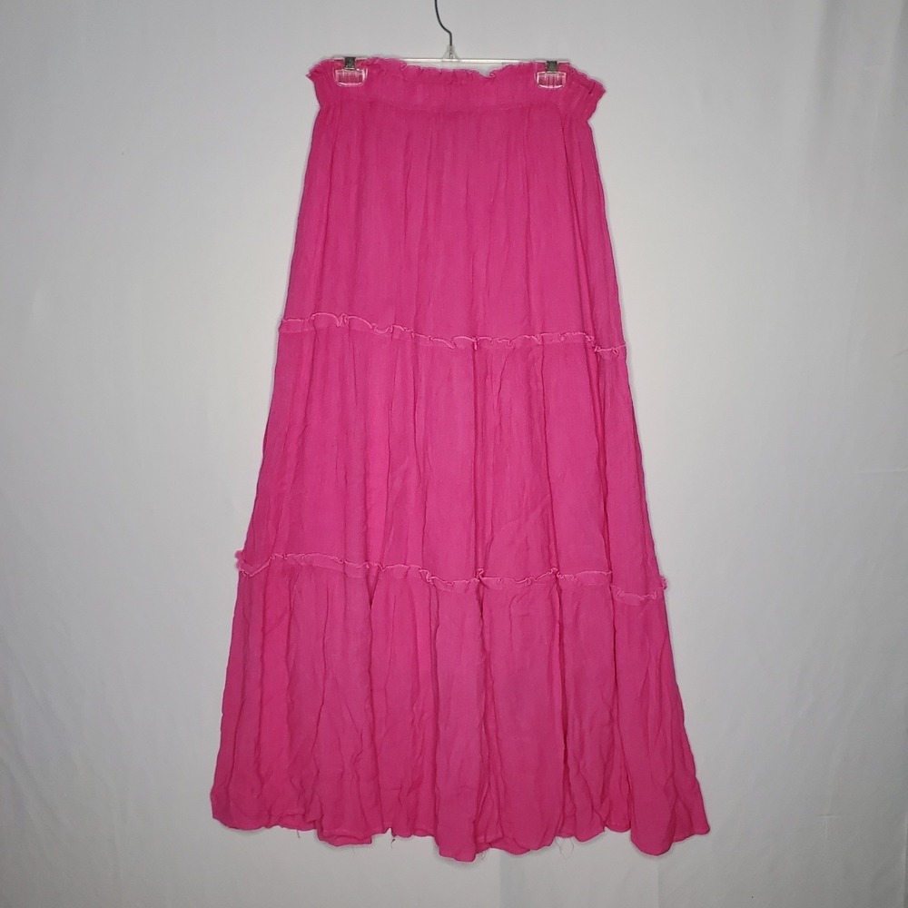 Judith March Maxi Skirt Women Small Pink Tiered‎ Crinkle Lined Vtg Cottagecore